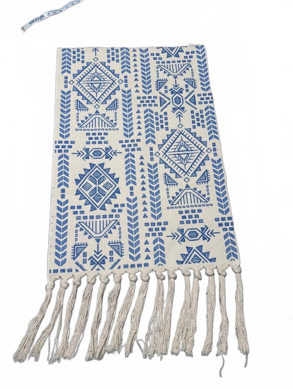 Southwest Style Macrame Tapestry Wall Hanging 19"x36" Blue White Woven